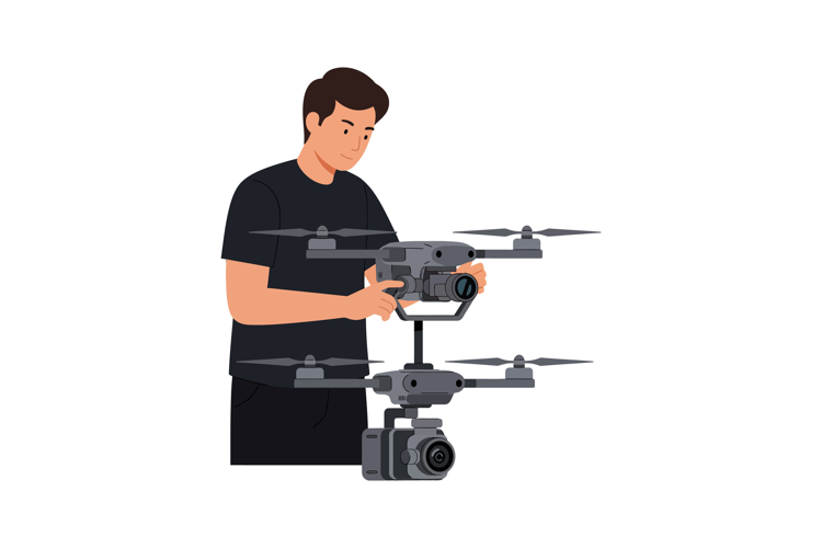 Man operating professional drone with stabilizer camera vect