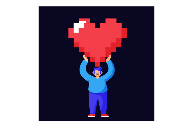 Pixel Art Person Holding Large Red Heart Symbol Against Dark