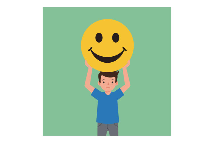 Boy holding yellow smiley face emoticon vector illustration
