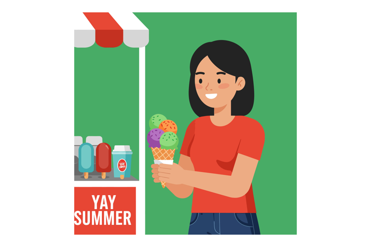 Woman holding colorful ice cream cone at summer ice cream st