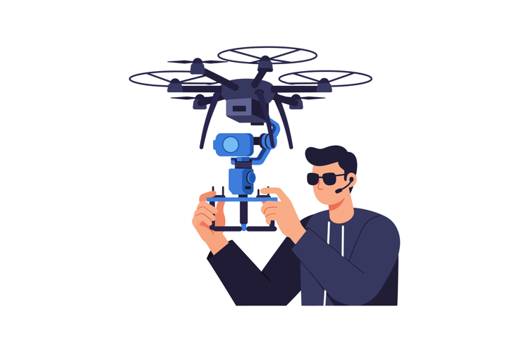 Man operating drone with camera using remote control technol