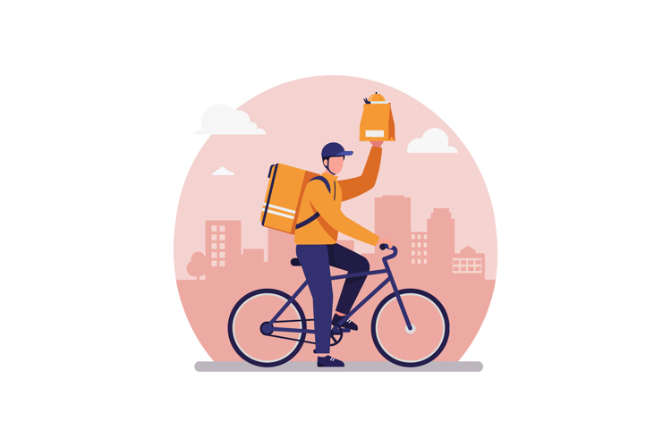 Delivery person cycling with food bag urban cityscape backgr