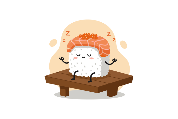 Sushi rice cartoon character meditating on wooden bench with