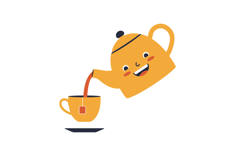 Smiling Yellow Teapot Pouring Tea into Cup Vector Illustrati