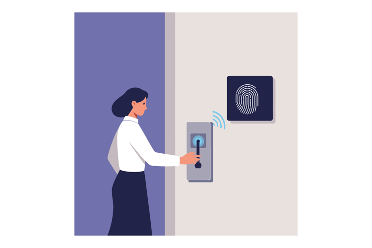 Woman using biometric fingerprint scanner for secure access