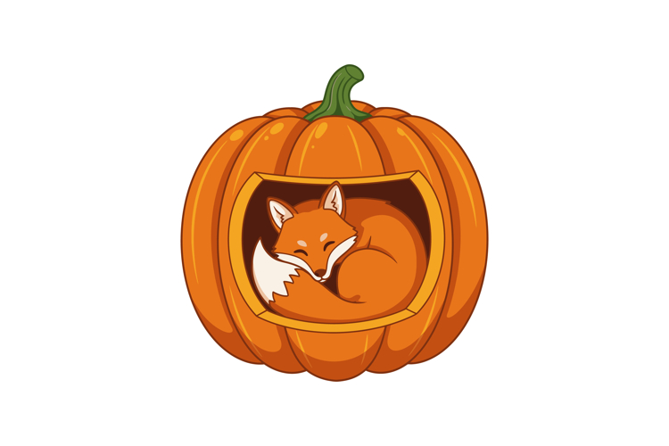 Sleeping fox curled inside carved orange pumpkin vector illu