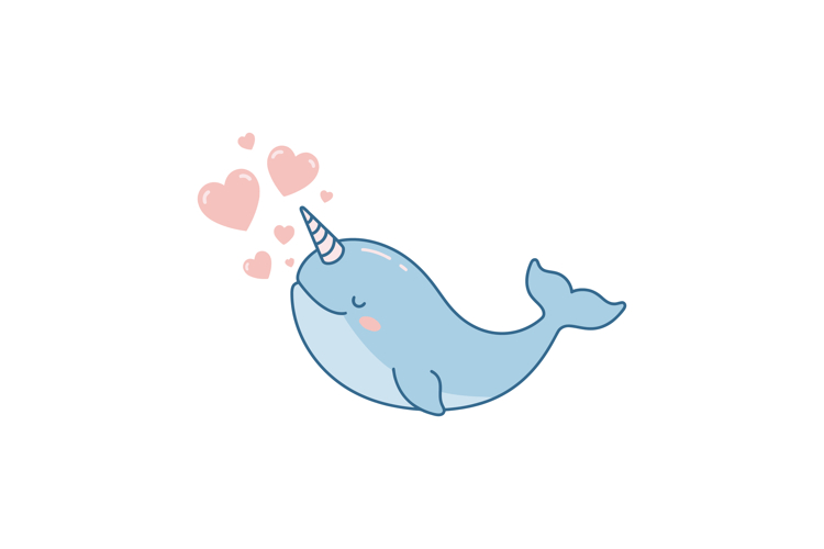 Cute blue narwhal blowing pink hearts cartoon vector illustr