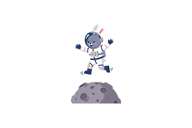 Cute astronaut bunny jumping on gray moon crater in space ve example image 1