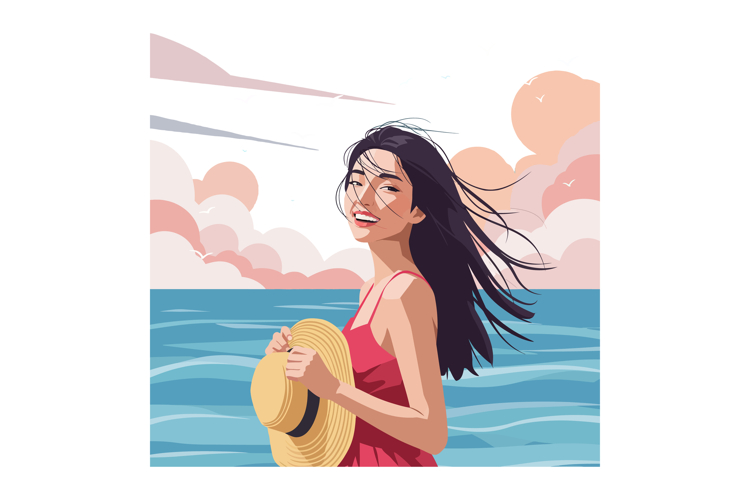 Young woman holding sunhat at seaside with windy hair and pa