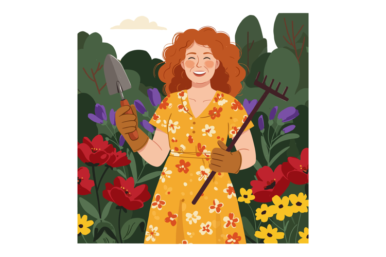 Woman in yellow floral dress gardening with shovel and rake