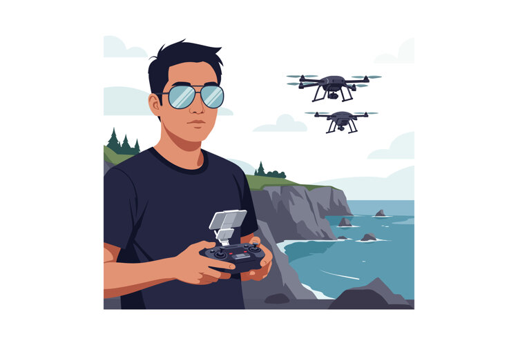 Man operating drones with remote controller near rocky sea c example image 1