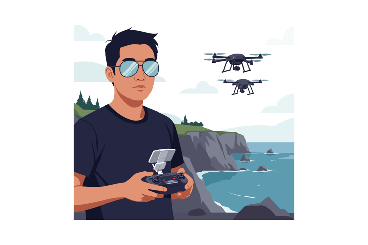 Man operating drones with remote controller near rocky sea c