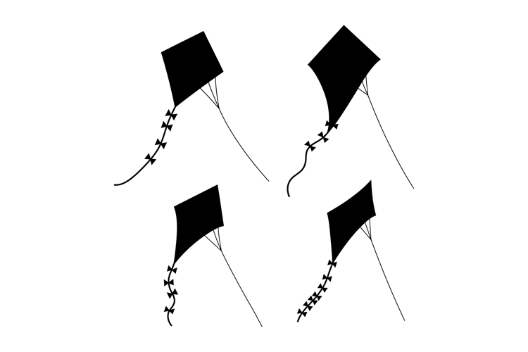 Black Kite Silhouettes Set with Tail Bows Vector Illustratio