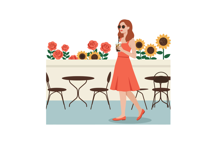 Woman in red dress walking with coffee by flower garden with