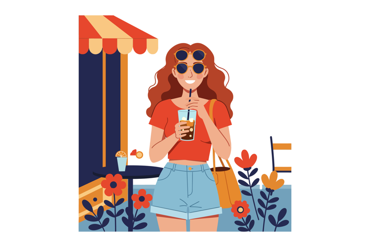 Young woman drinking iced beverage outdoors with sunglasses