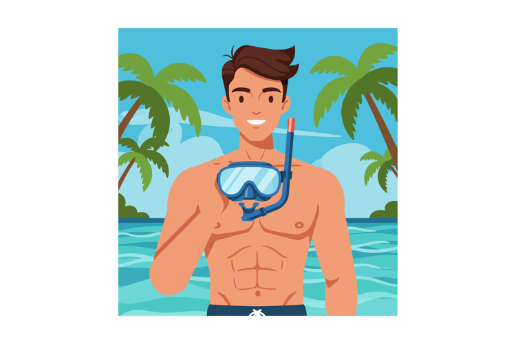 Young man with snorkel mask preparing for ocean snorkeling n