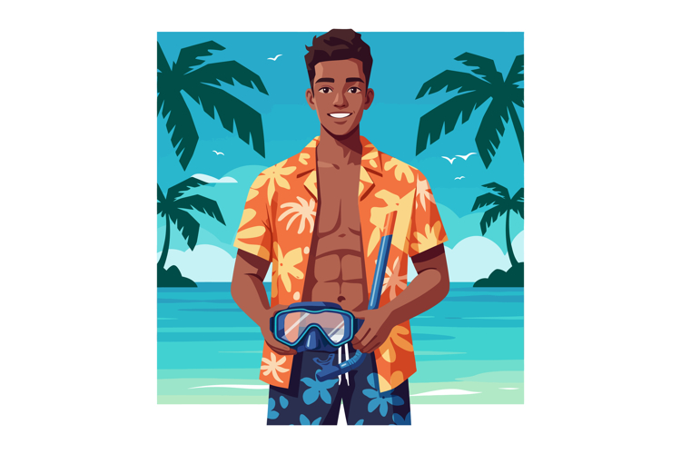Young man in tropical shirt holding snorkel and mask on beac