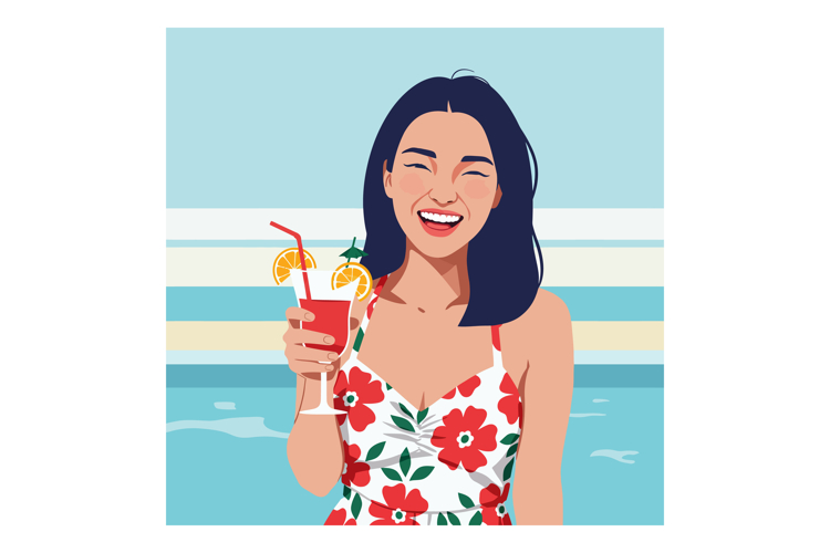 Woman in floral dress holding cocktail by the ocean summer v