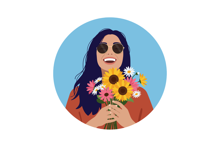 Young woman holding colorful bouquet of flowers with sunglas