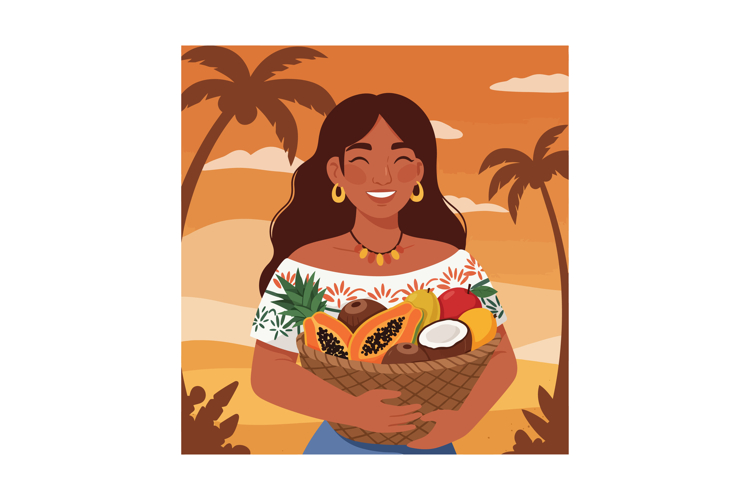 Woman holding basket with tropical fruits palm trees sunset