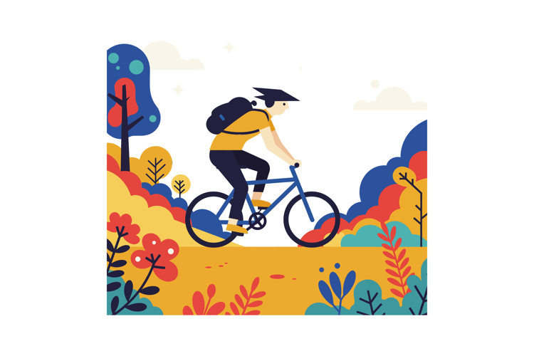 A cyclist riding through colorful trees in a vibrant landsca