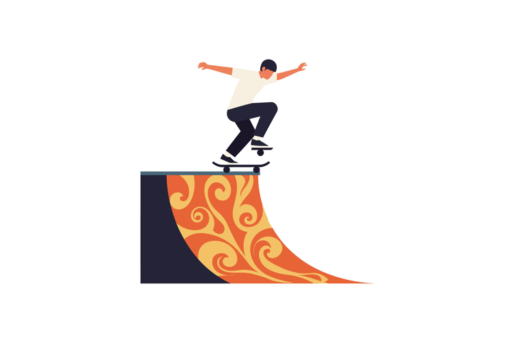 A young skateboarder performing a trick on a vibrant half-pi