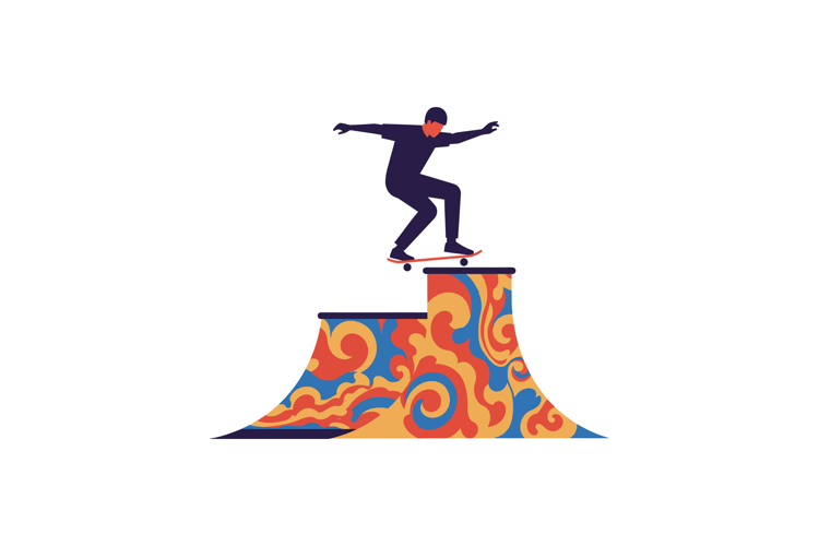 Skateboarder performing a trick on a colorful ramp in flat v