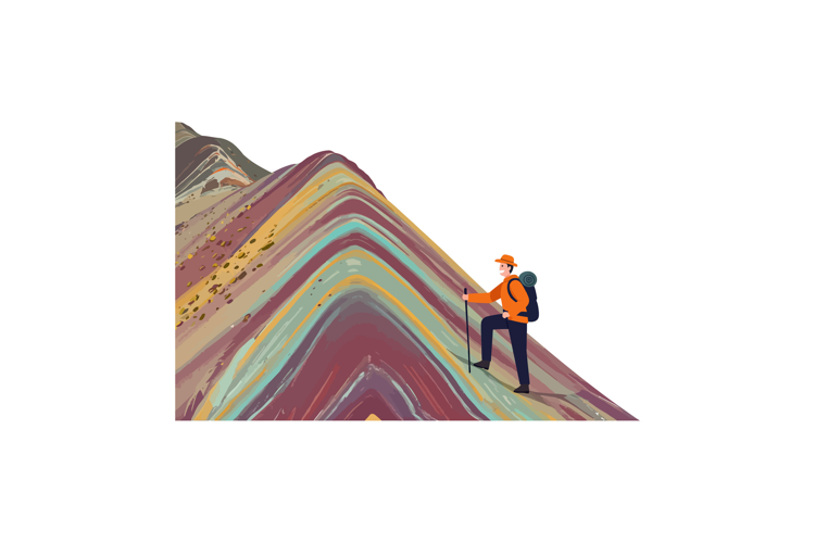 Hiker climbing a colorful mountain ridge in flat design styl