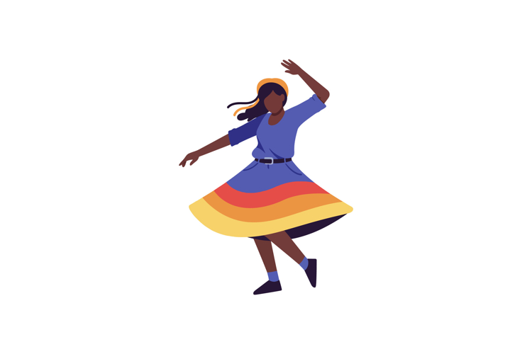 Dancing woman in colorful skirt with flowing hair in flat ve