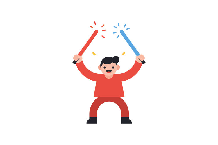 Happy child holding red and blue light sabers in a playful s example image 1