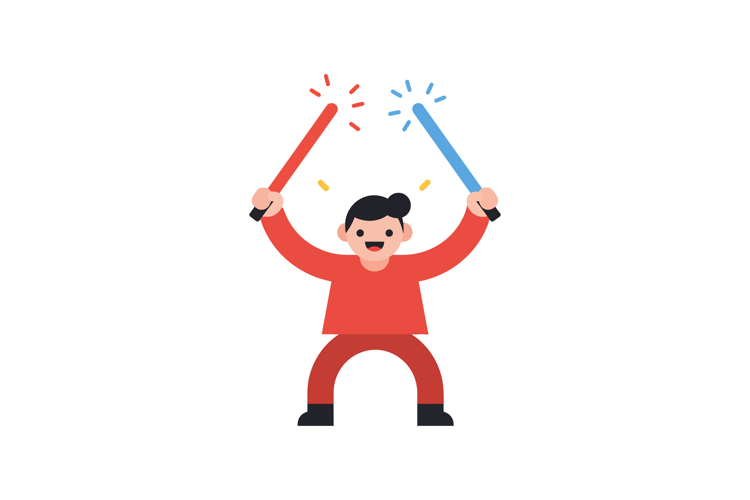 Happy child holding red and blue light sabers in a playful s