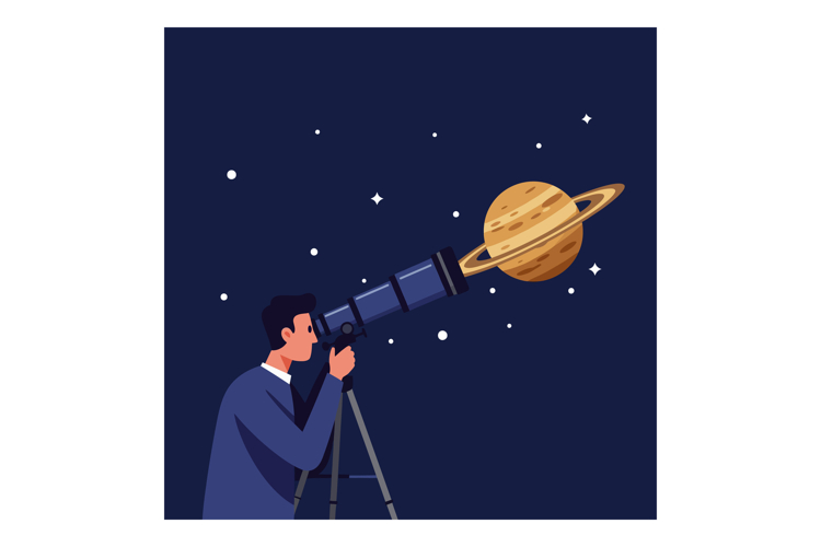 Man observing planets with telescope under starry night sky