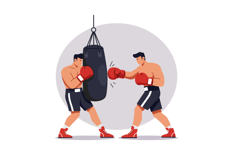 Two boxers training with punching bag in gym sports activity