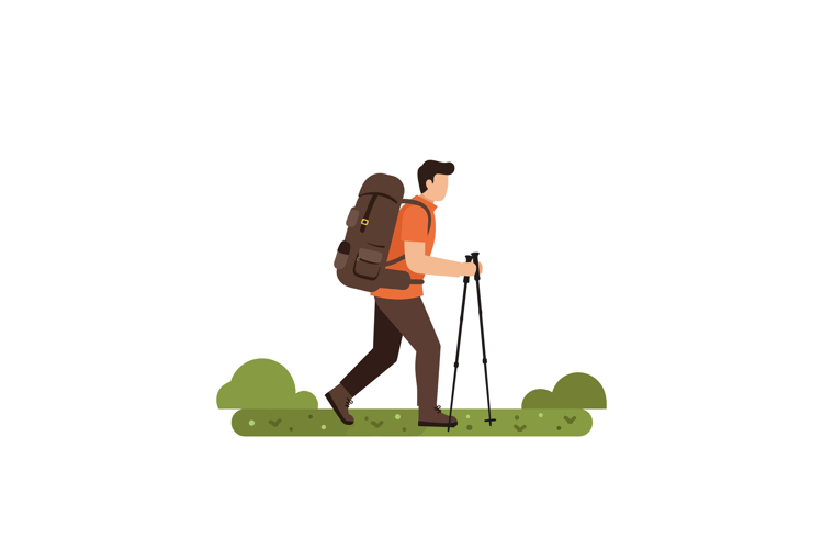 Hiker with backpack walking trekking poles on trail vector i