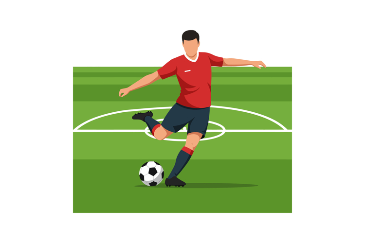 Soccer player kicking ball on green field in red jersey vect