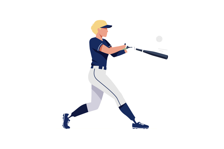 Baseball player hitting ball in navy blue uniform and beige