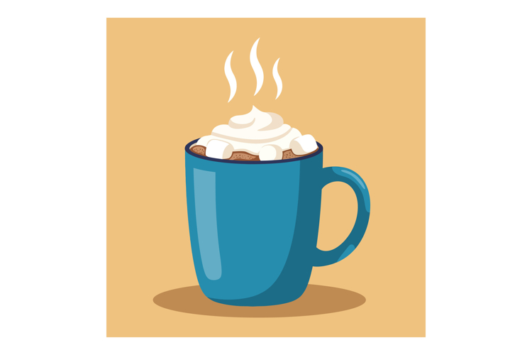 Blue ceramic mug with hot chocolate and whipped cream vector