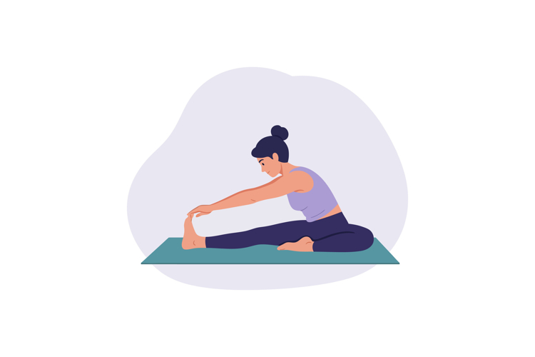 Woman stretching on yoga mat in casual wear indoor fitness a