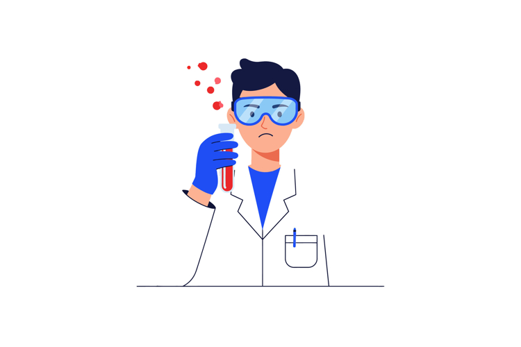 Male scientist holding test tube with red liquid wearing lab