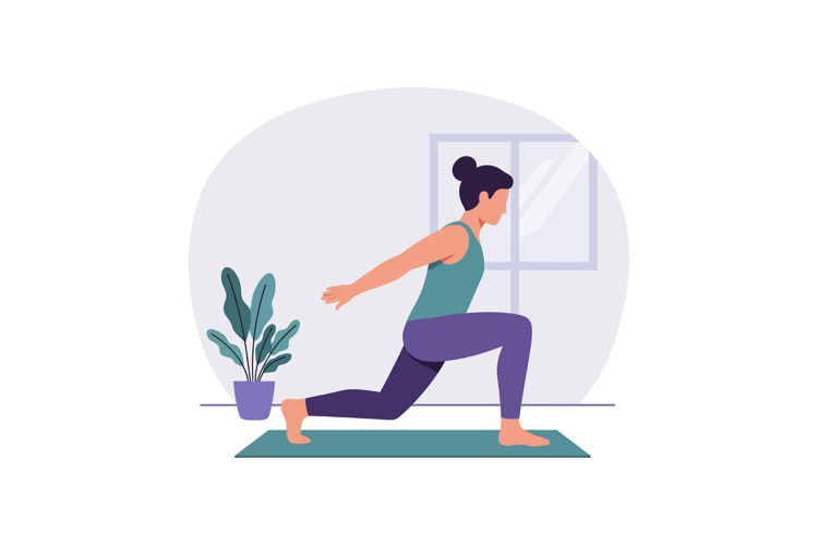 Woman practicing yoga lunge pose indoors on green mat with p