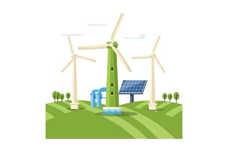 Wind turbines and solar panel renewable energy landscape wit