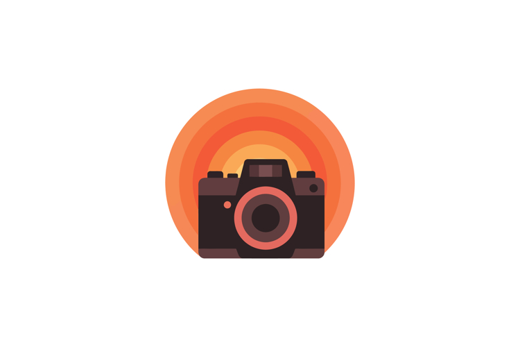 Vintage camera with orange concentric circles background vec