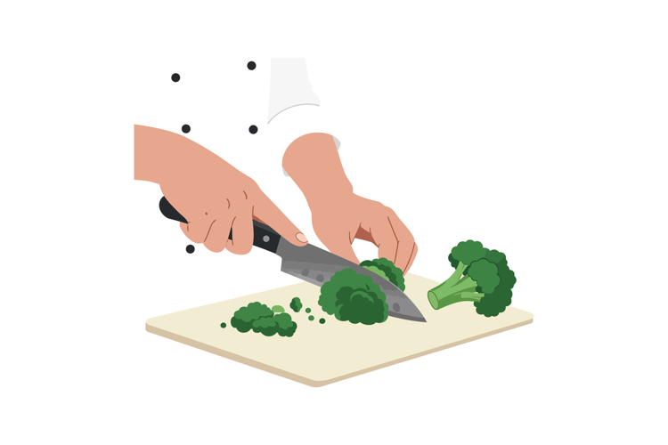 Hands Cutting Fresh Broccoli on White Cutting Board Vector I