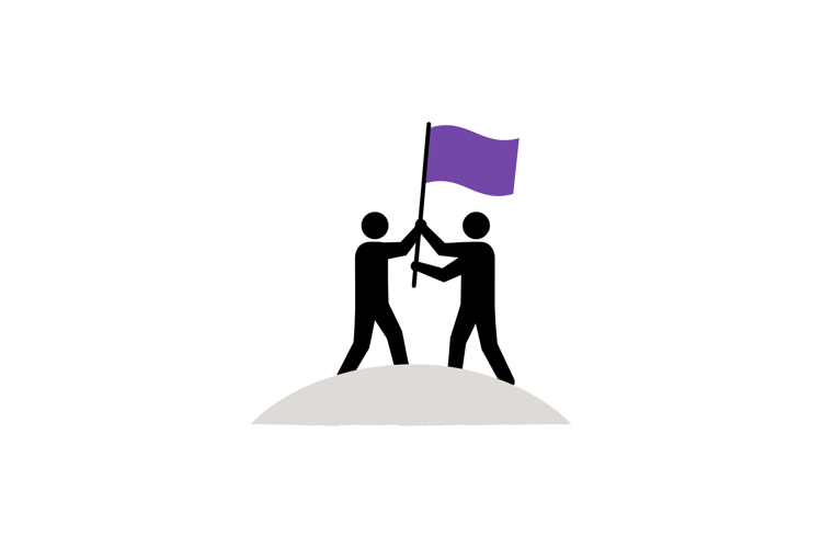 Two people raising purple flag on hilltop teamwork and achie