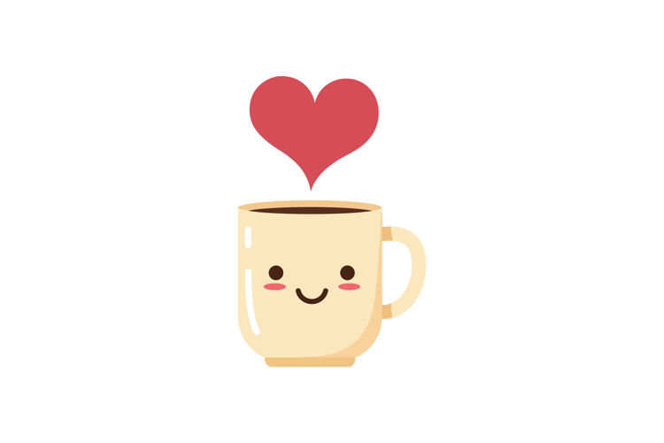 Cute coffee mug with smiling face and floating red heart vec