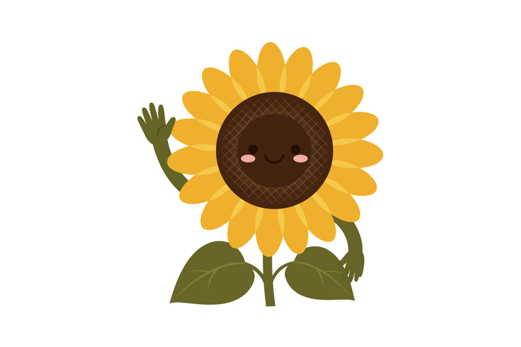 Smiling cartoon sunflower character waving hand with yellow