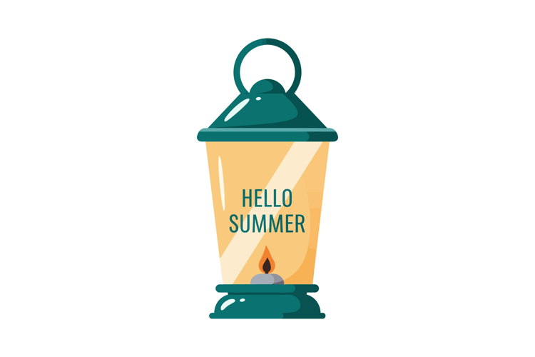 Vintage lantern with hello summer text in green and yellow c