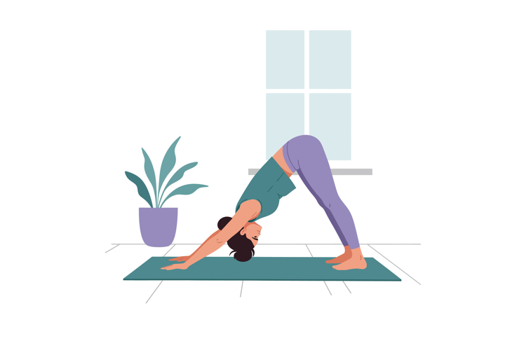 Woman practicing downward dog yoga pose on mat with plant ne
