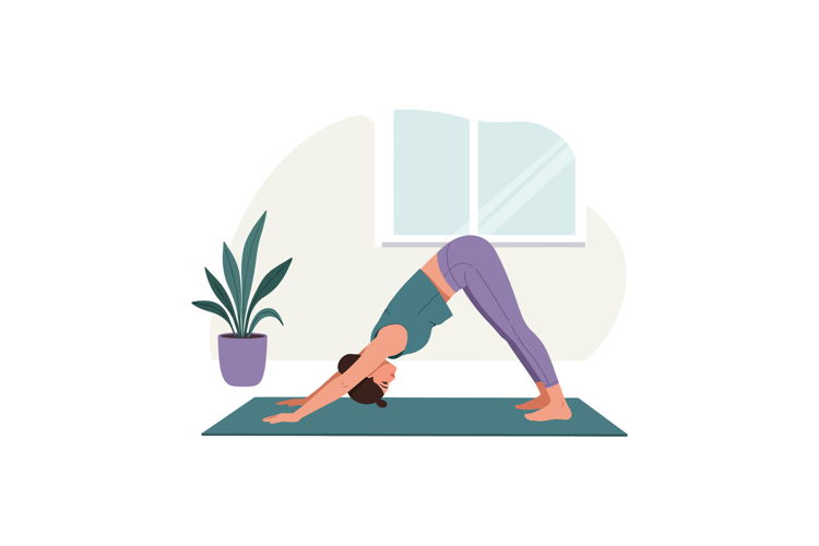Woman practicing downward dog yoga pose indoors on mat with
