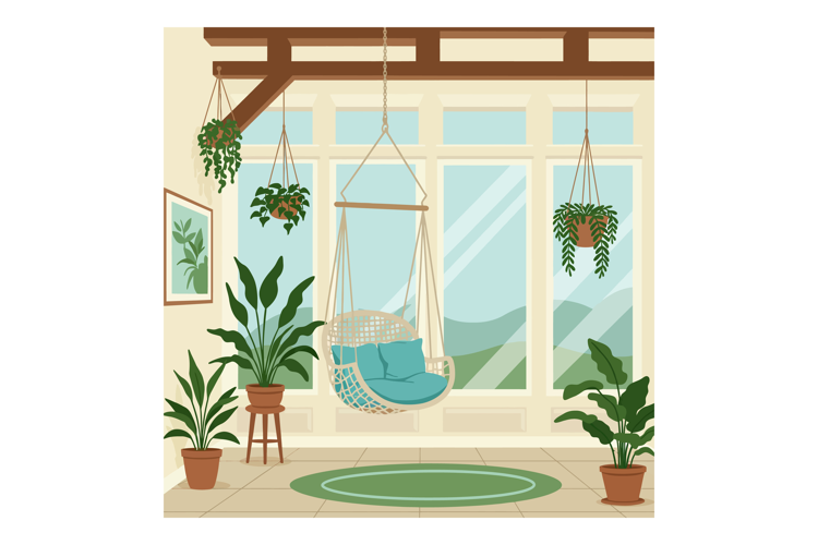 Indoor cozy room with hanging plants and swinging chair near